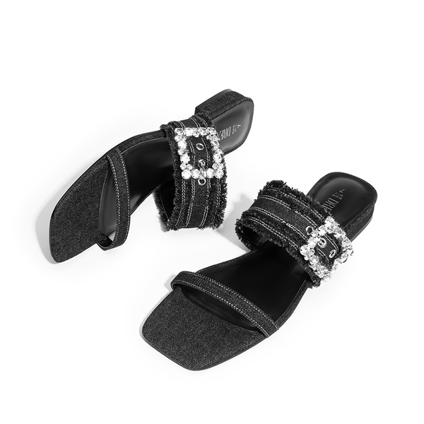 Rhinestone Buckle Strap Sandals - DENIM BLACK - 4